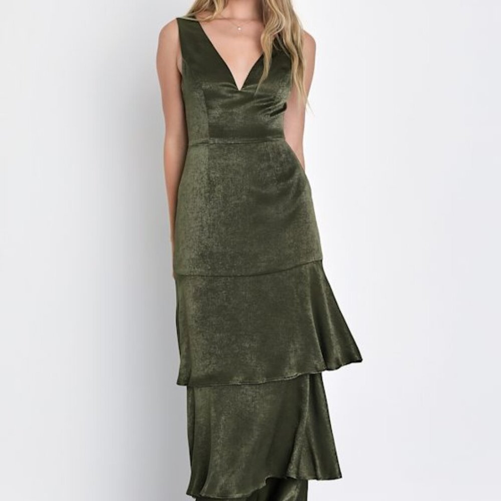 Lulus Exclusive Elegance Olive Green Satin Tiered Maxi Dress - Size L